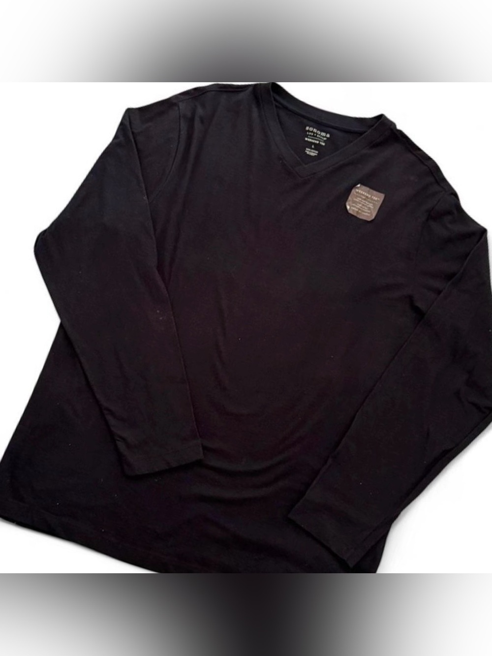 Sonoma Womens Black Long Sleeve V Neck T-Shirt Size Large L 100% Cotton Flaw